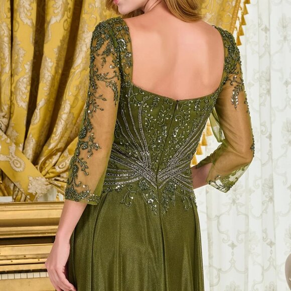 New Olive Beads Embellished A-Line Maxi Mesh Mother Of Bride Dress GL3787 - Picture 11 of 14